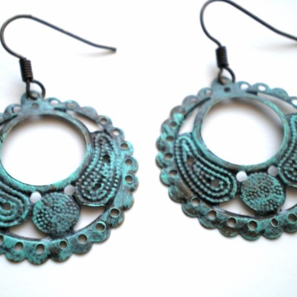 Verdigris Hand Painted Round Hoop Filigree Earring - Picture 2 of 3
